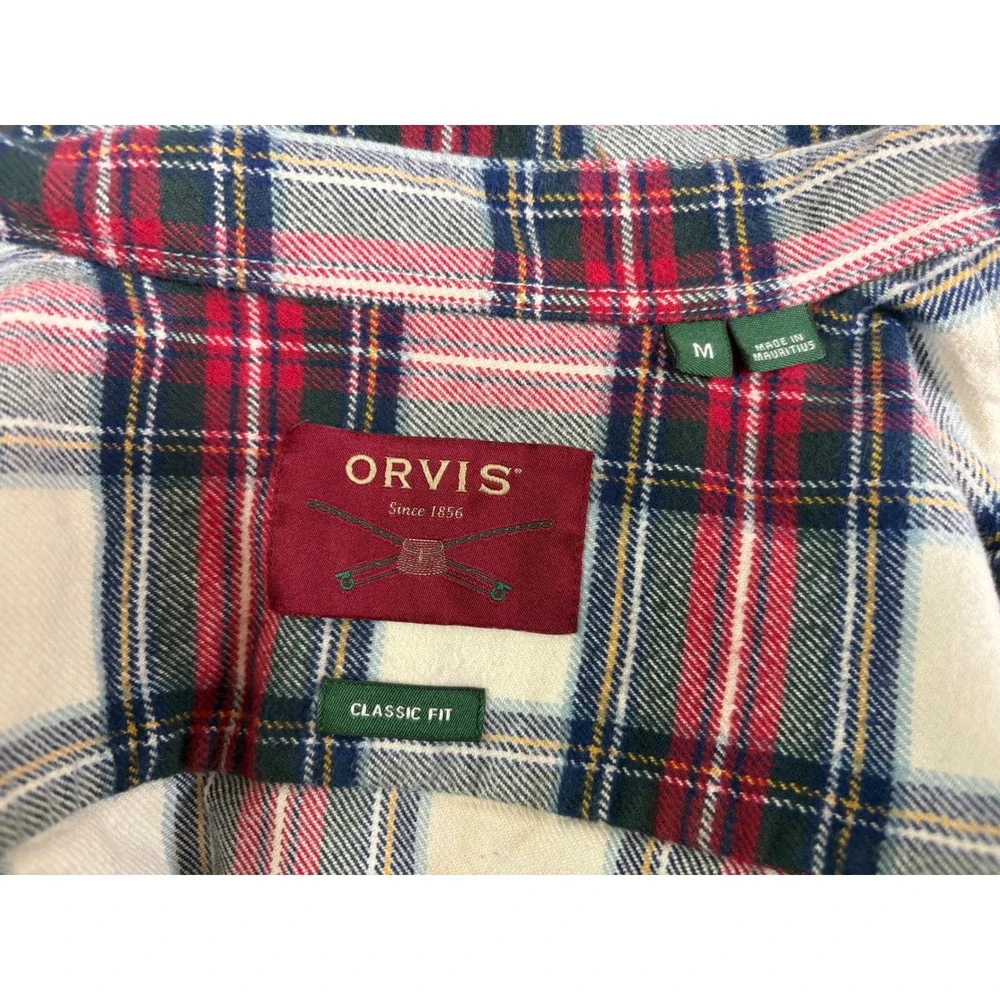 Orvis Mens Medium Classic Fit Flannel Shirt Red White Blue Plaid Cotton Long Slv - Picture 3 of 7